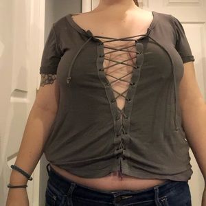 Gray Lace Up Crop Top